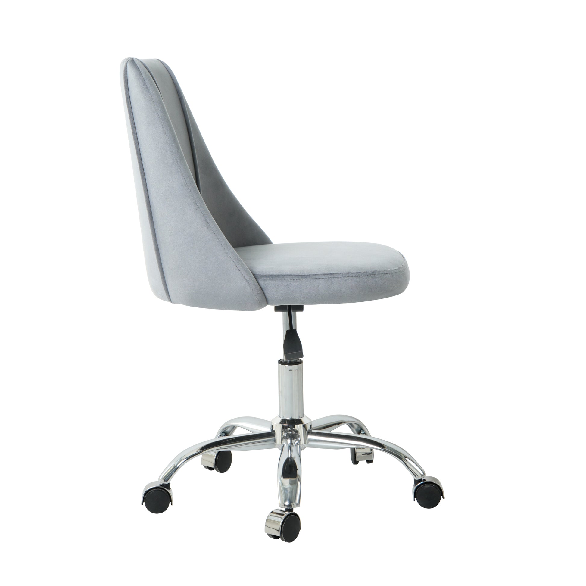 Light grey velvet desk chair with tufted back and chrome base