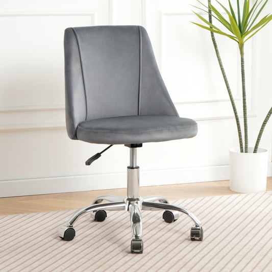 Grey velvet office chair with chrome base and wheels