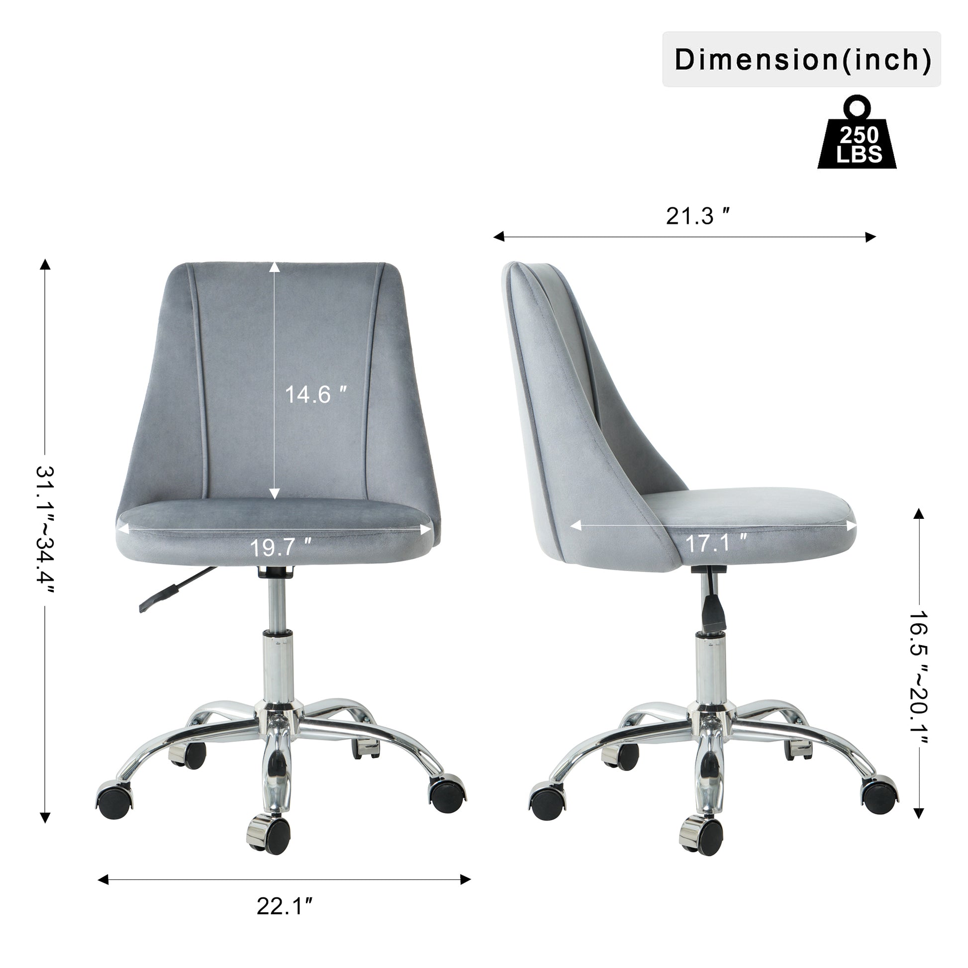 Grey velvet desk chair with chrome base and wheels