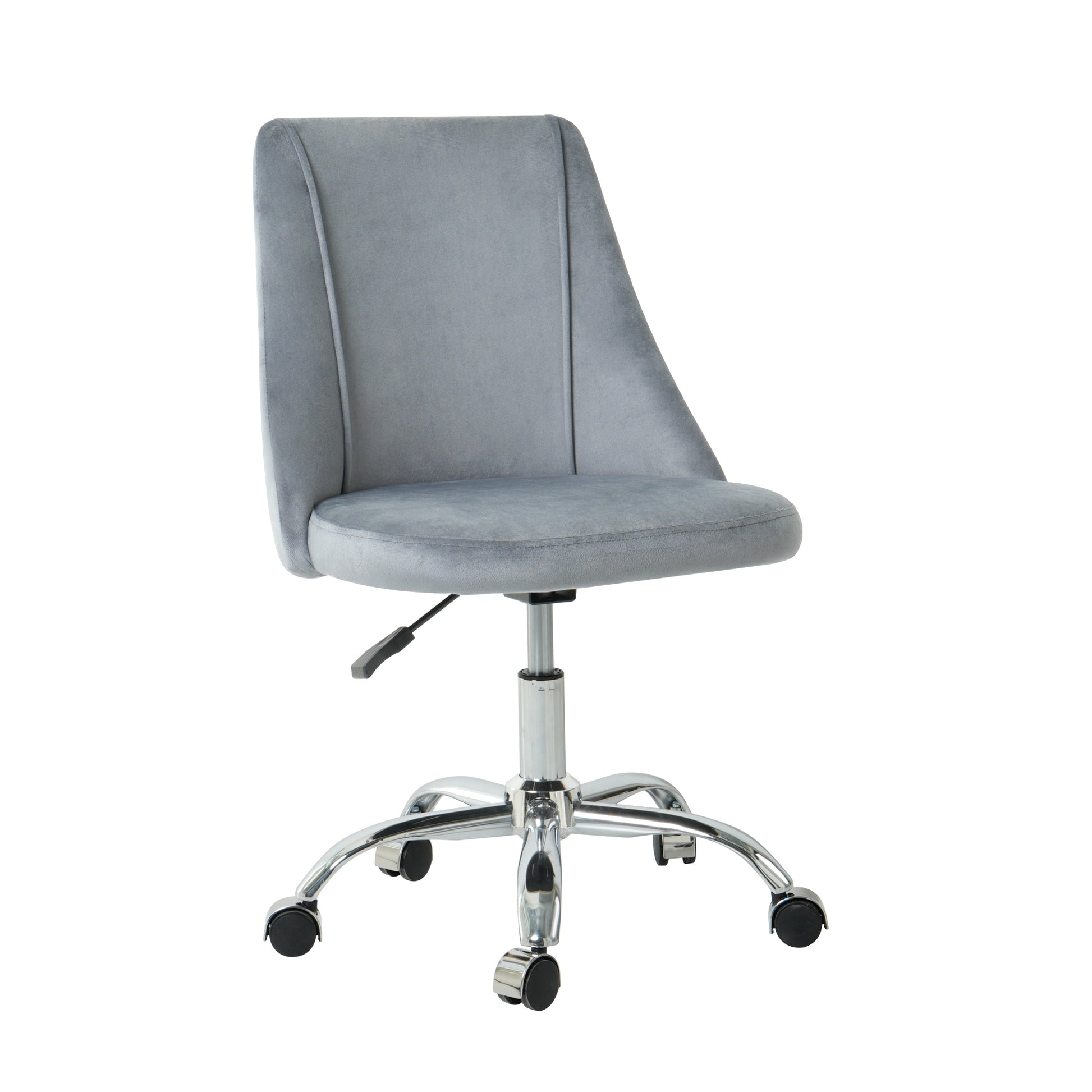 Grey velvet desk chair with chrome base and casters