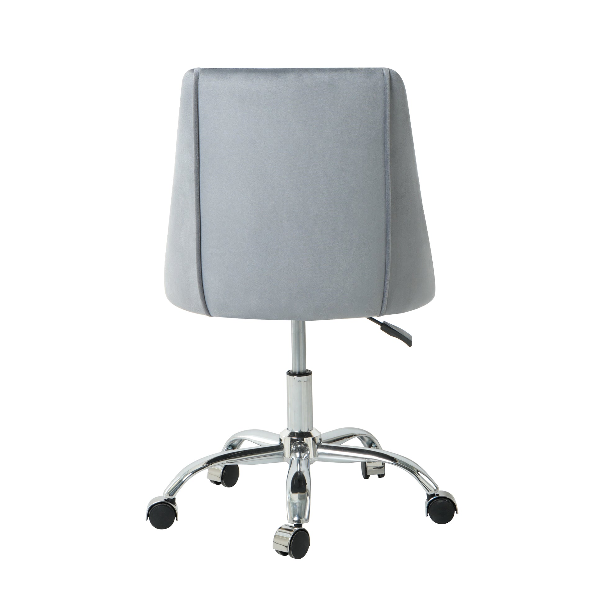 Grey velvet executive chair with chrome base and wheels