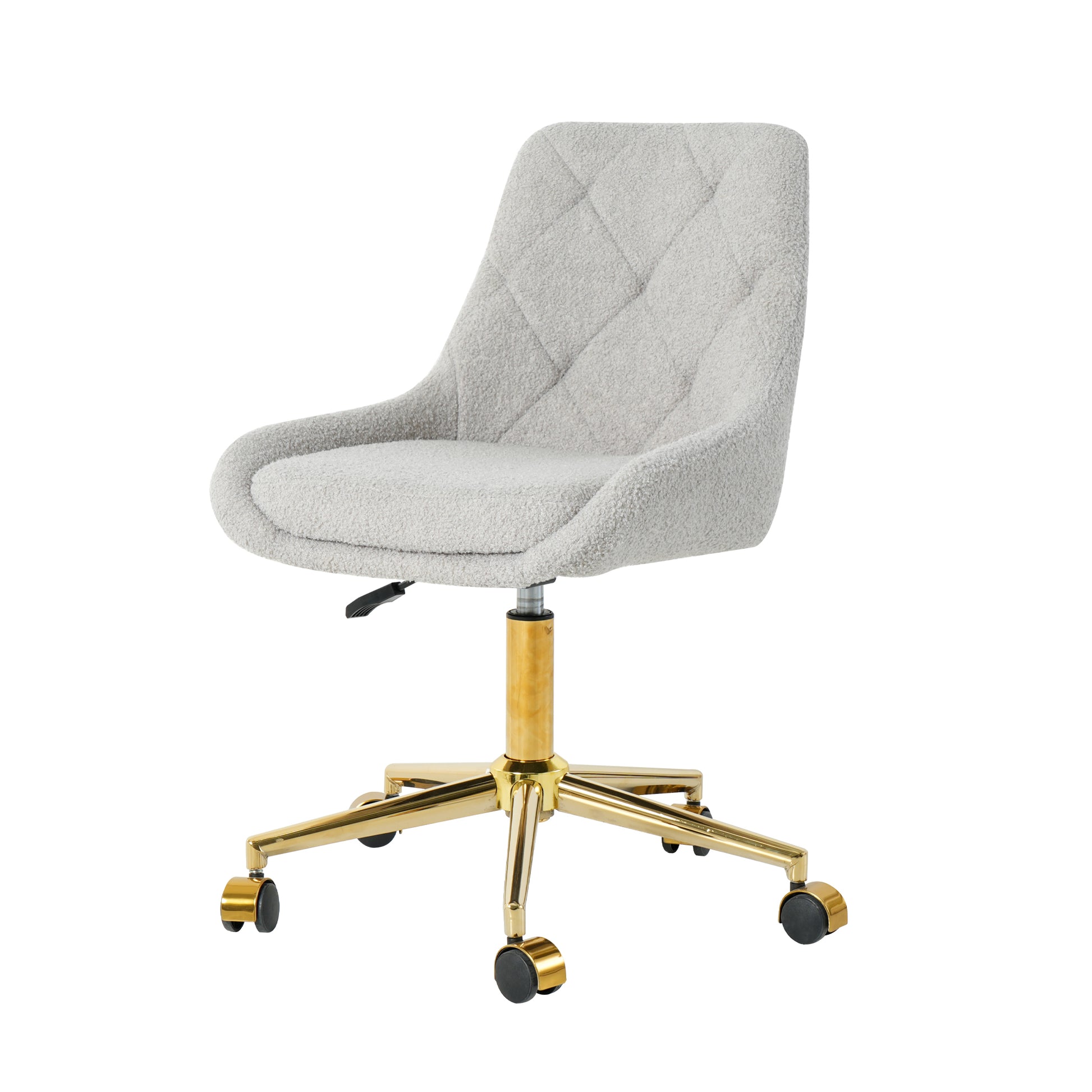 Light gray teddy fabric desk chair with quilted back and gold base