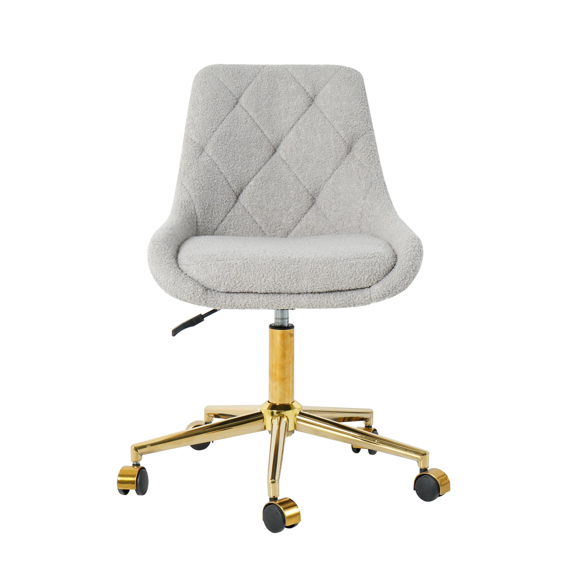 Light grey boucle fabric desk chair with diamond tufting and gold base