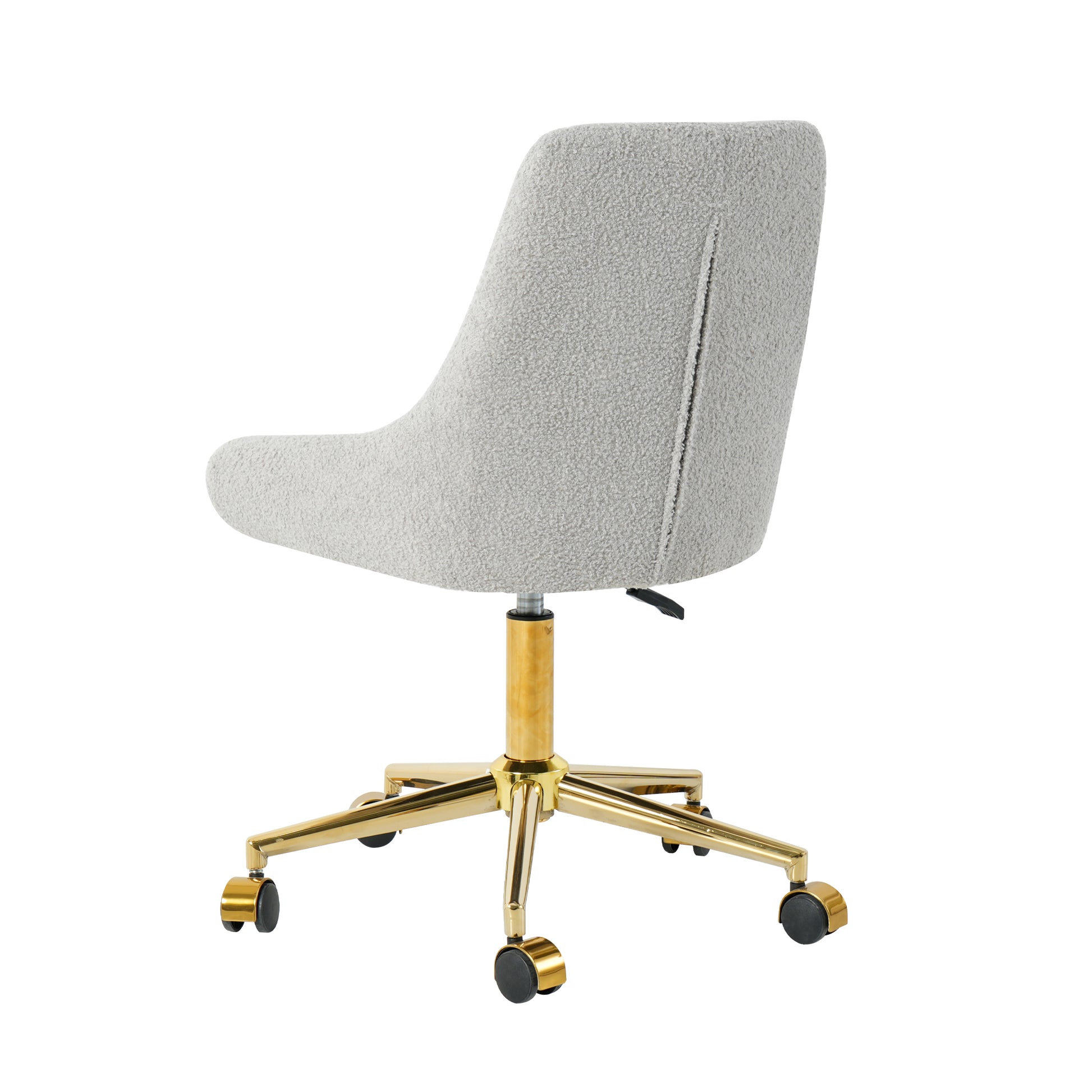 Light grey boucle fabric desk chair with adjustable gold base and casters