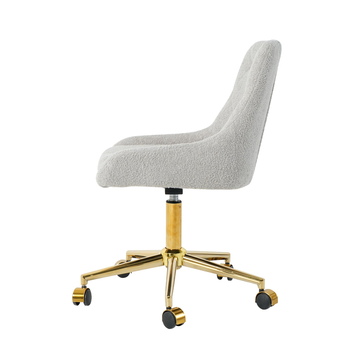 Light gray boucle fabric office chair with polished gold base and wheels