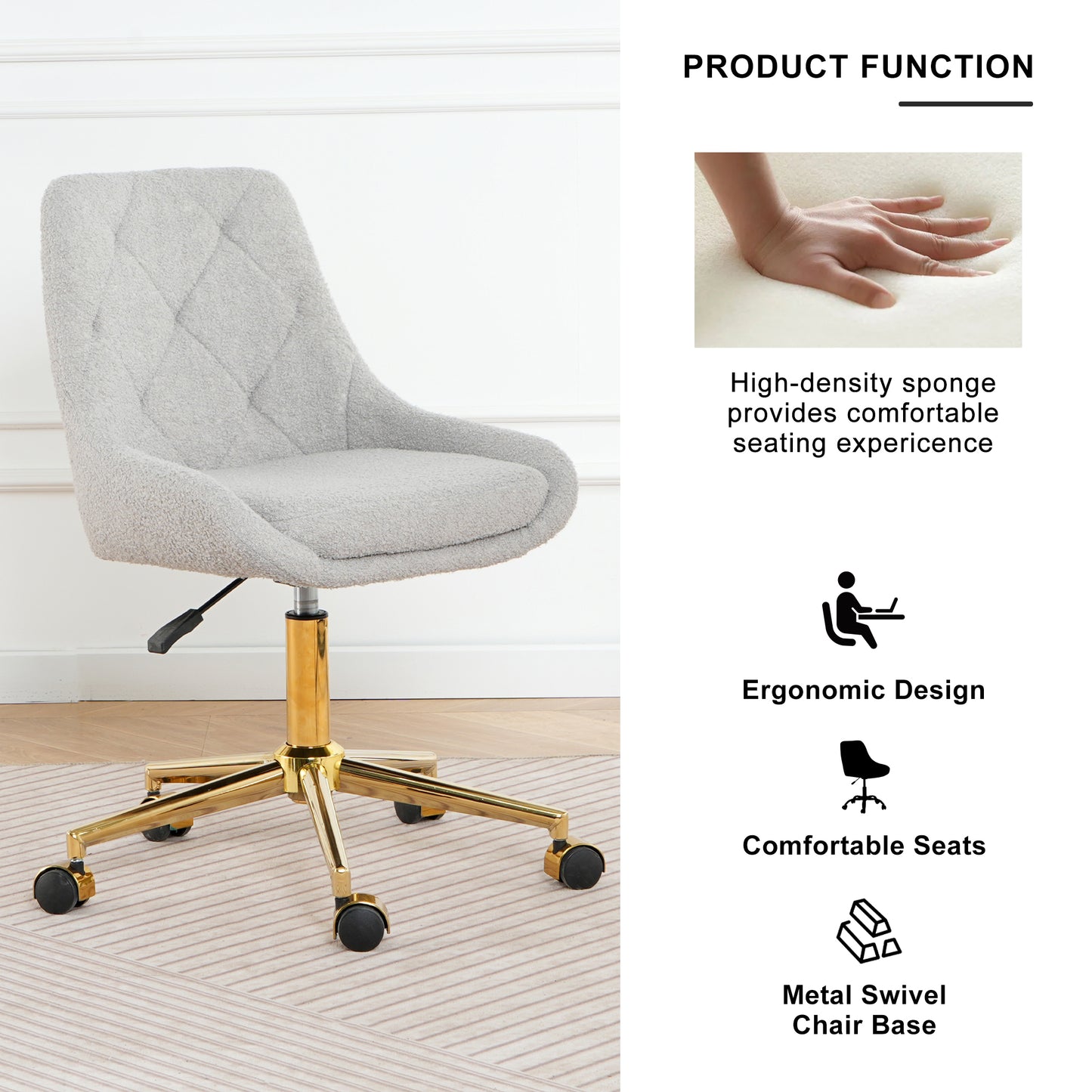 Gray sherpa desk chair with diamond tufting and a gold swivel base