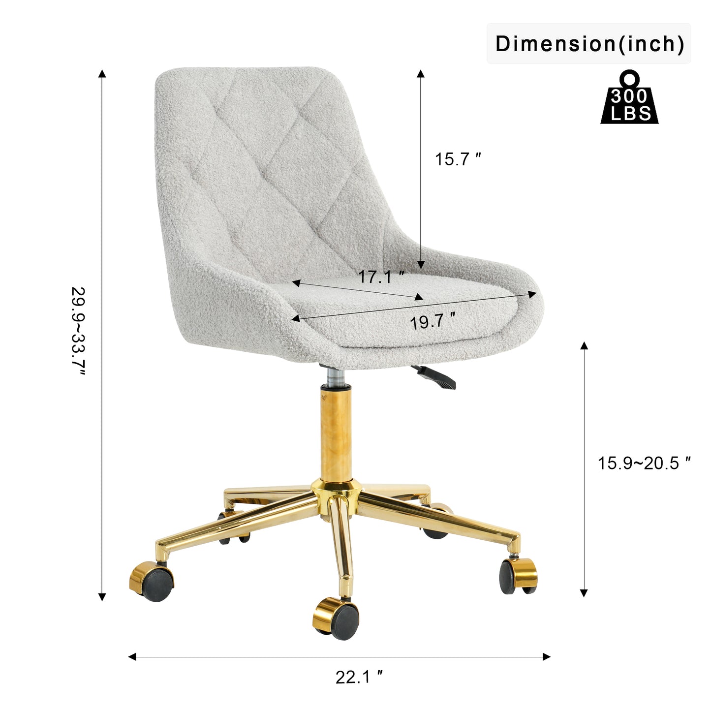 Gray teddy fabric office chair with diamond tufting and gold base