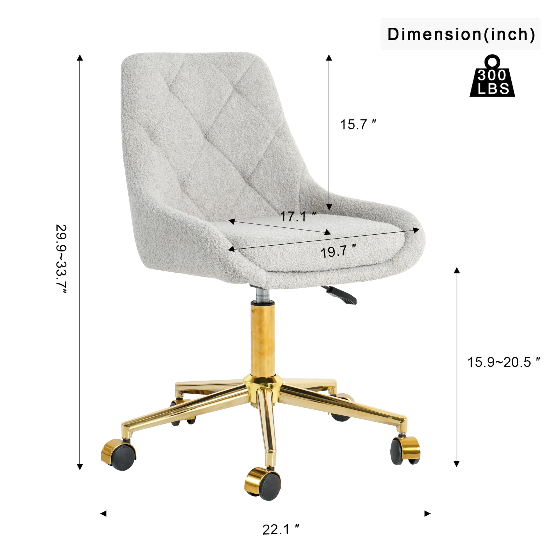 Gray teddy fabric office chair with diamond tufting and gold base