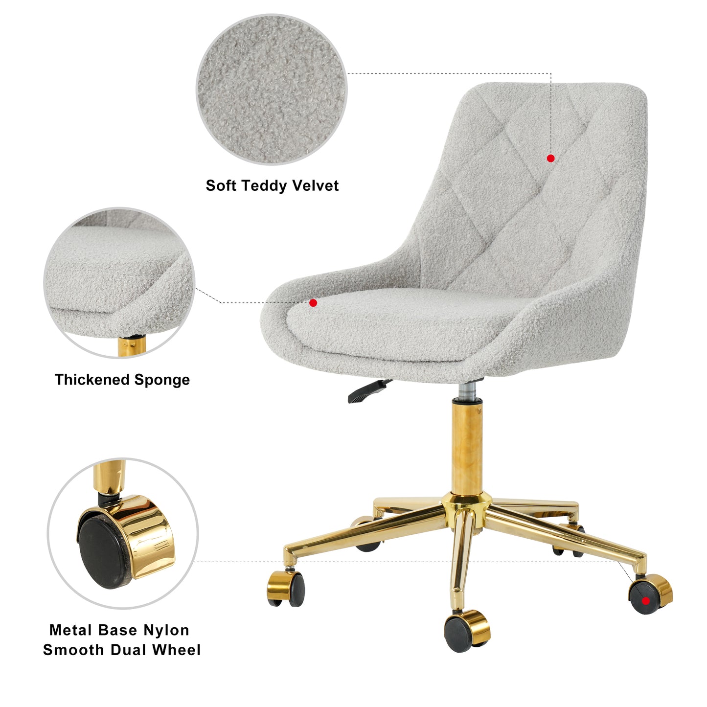 Light gray teddy velvet office chair with diamond quilting and gold base