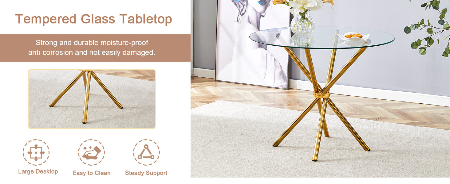 Round tempered glass tabletop on a modern gold metal pedestal base