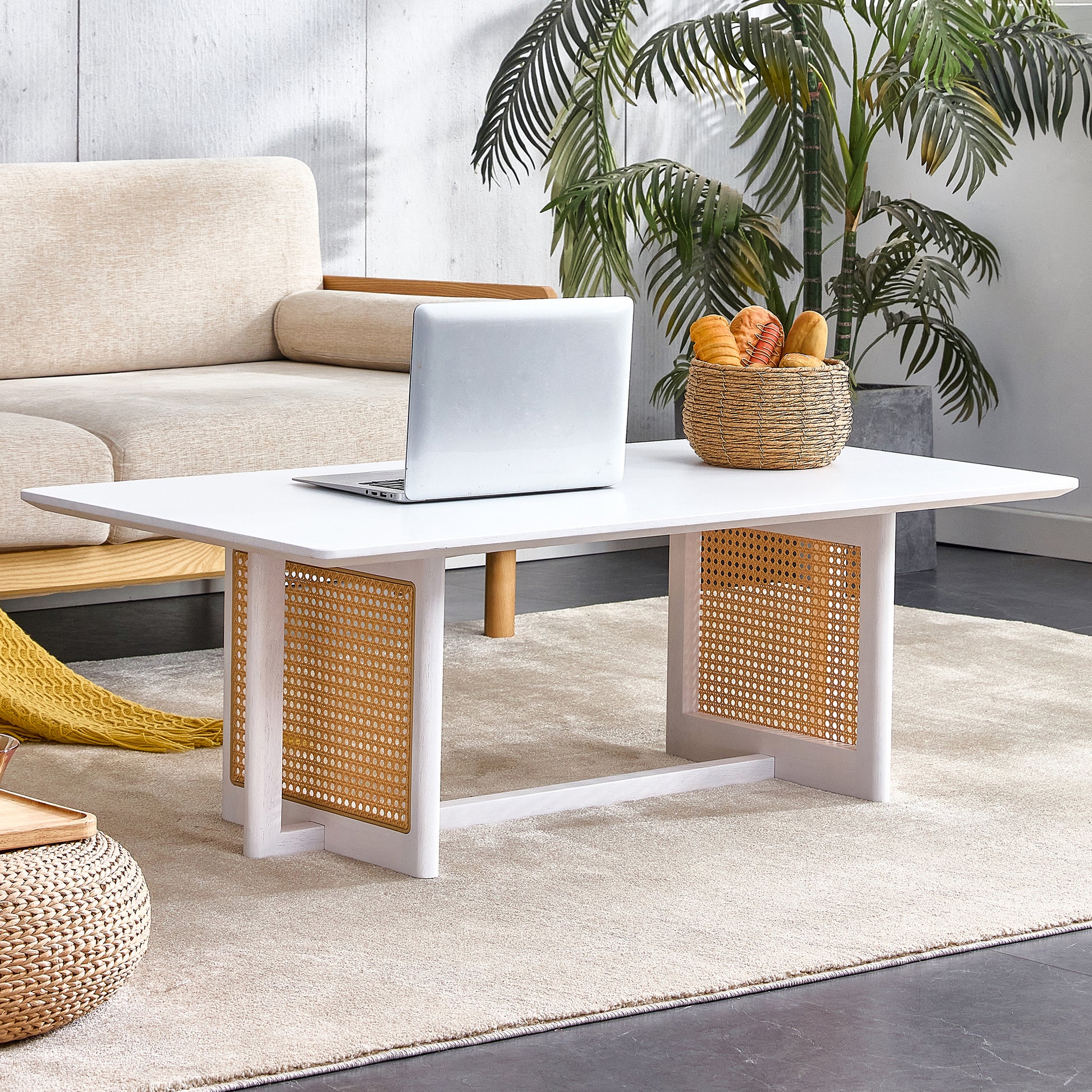 White rectangle coffee table with rattan inserts