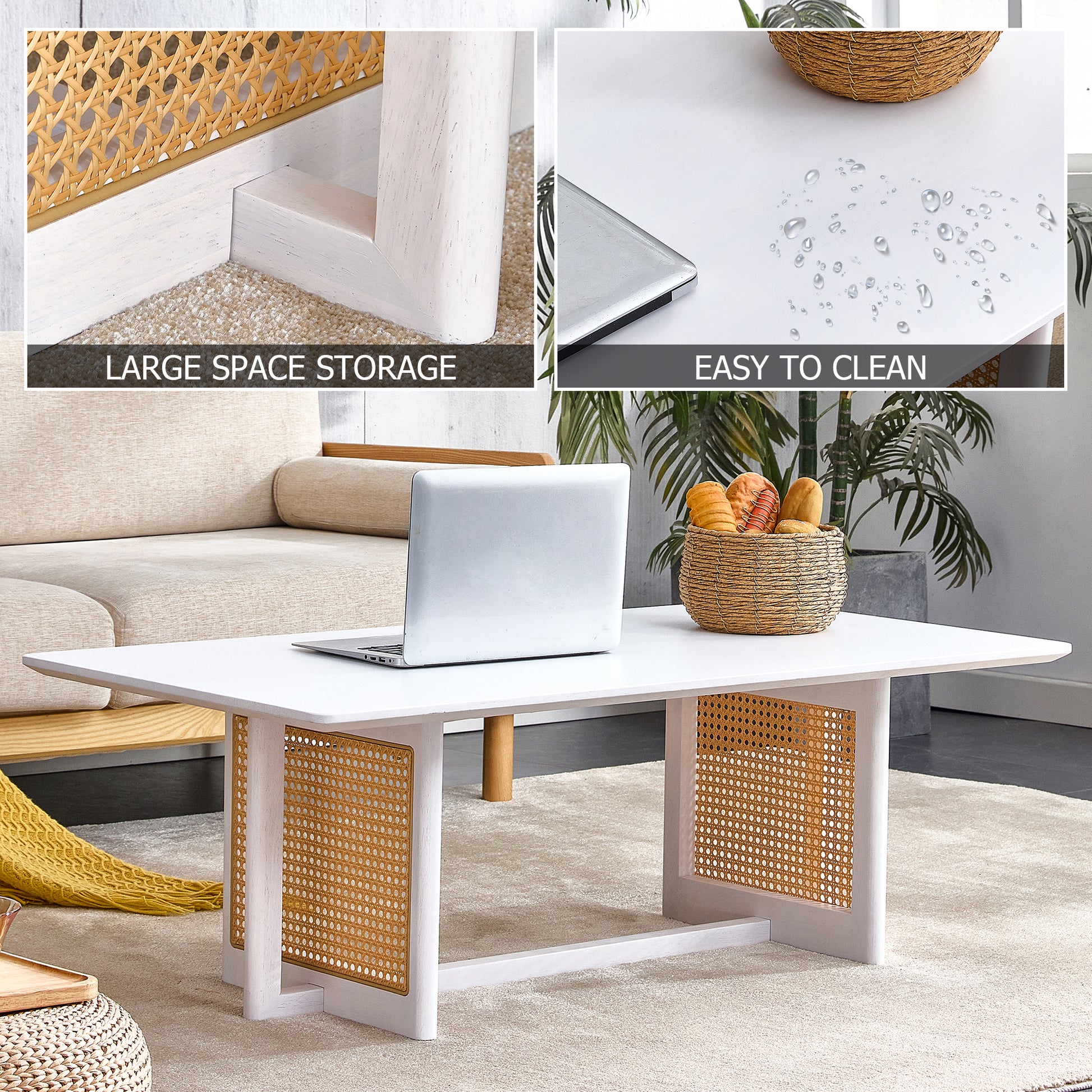 Modern white coffee table with woven cane panels ideal for living rooms