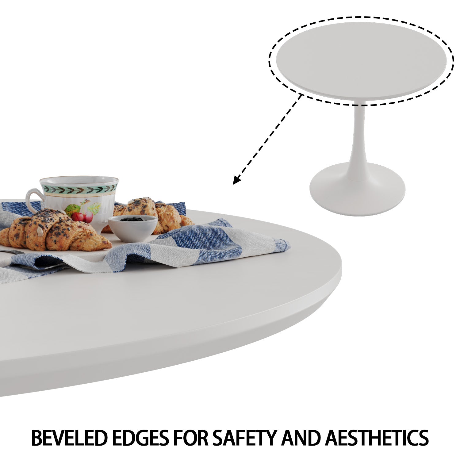 White round dining table with beveled edges