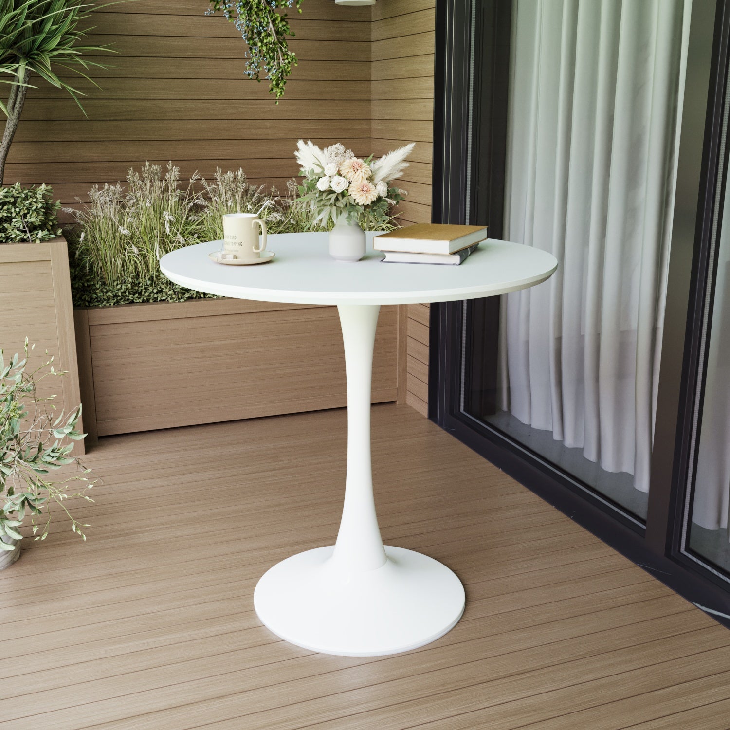 White tulip style side table on a wooden deck