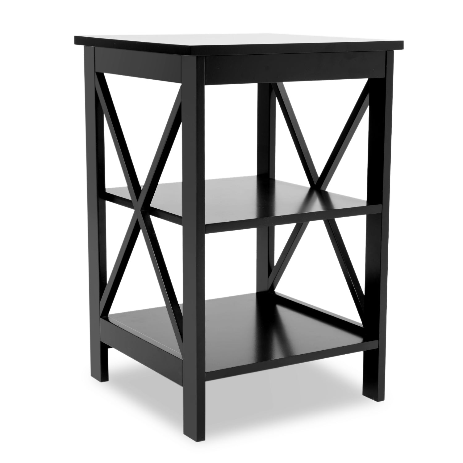 Black wooden side table with Xframe design and two shelves