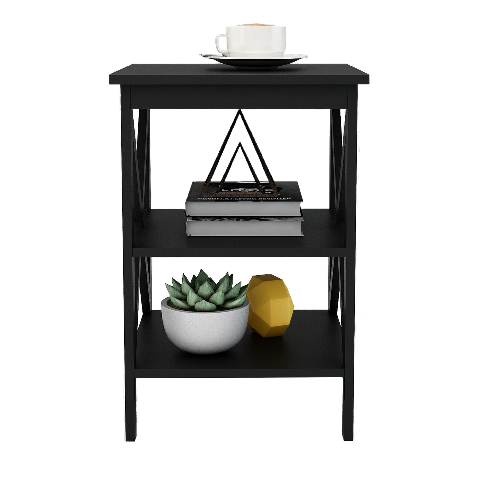 Sleek black accent table with geometric side panels holding a coffee cup