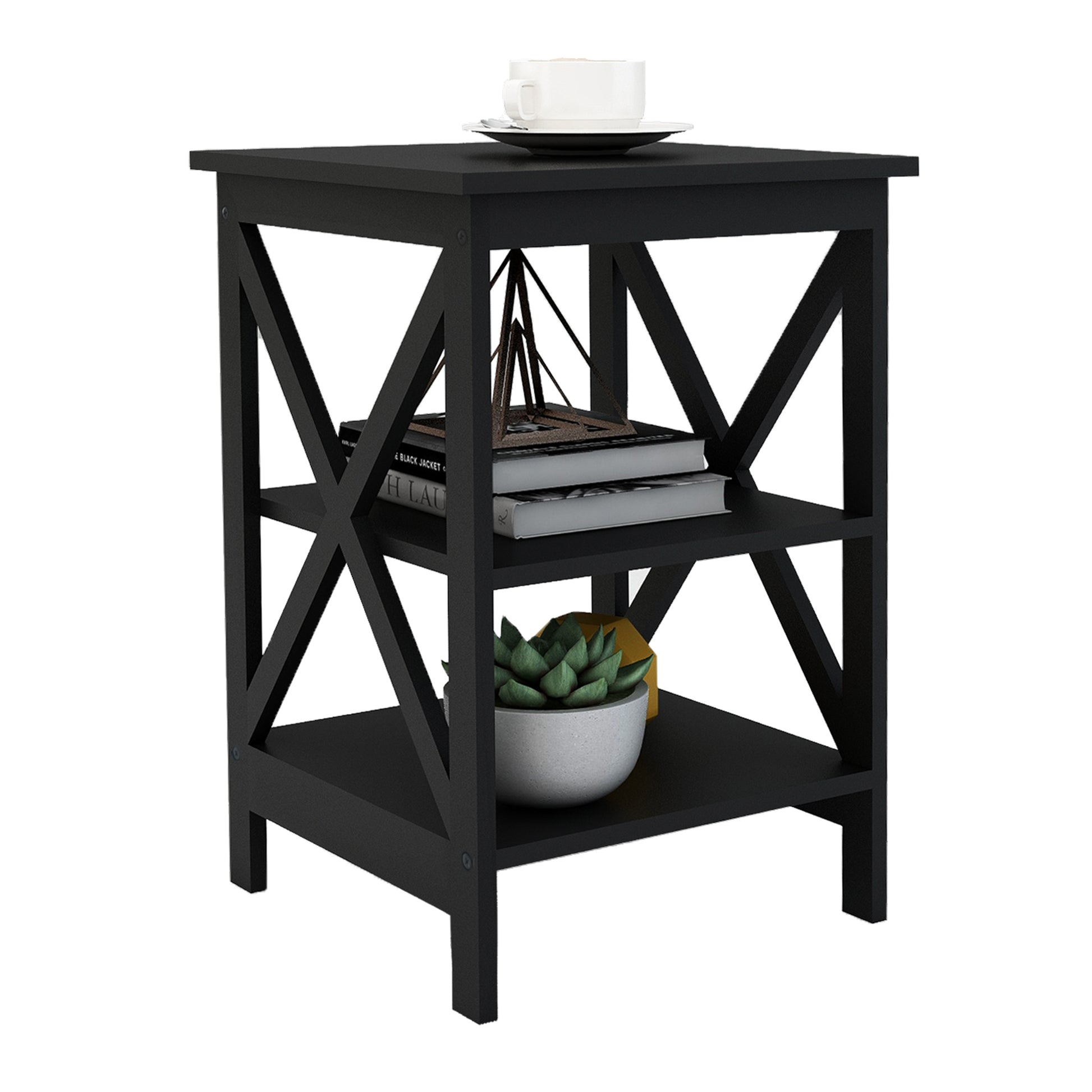 Black wooden accent table with Xframe design and two shelves