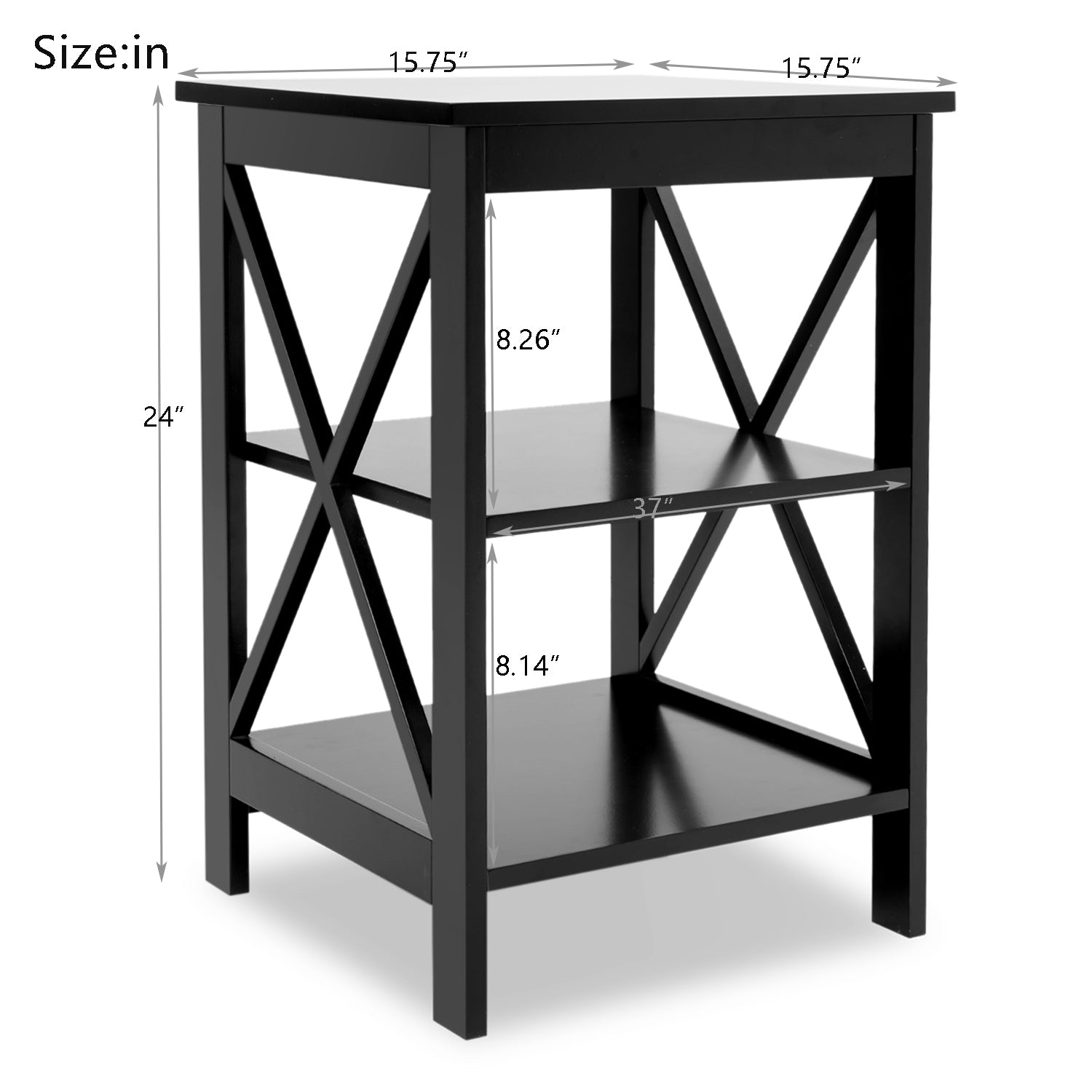 Black wooden end table with two shelves and Xshaped side supports  inches tall