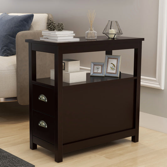Dark brown wooden end table with two drawers and open shelf