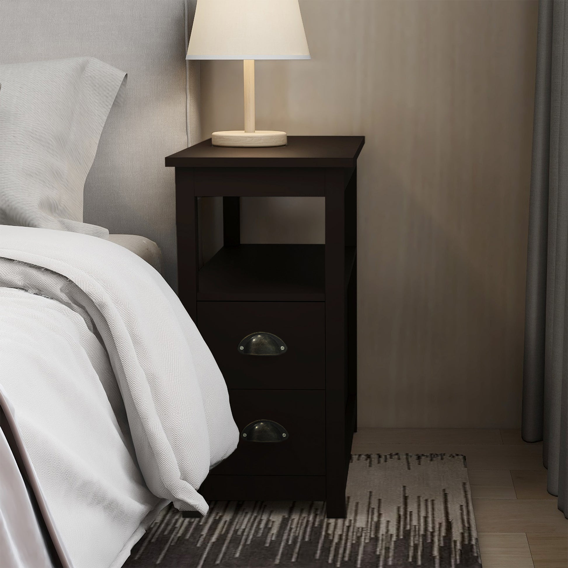 Dark brown wood nightstand with two drawers and open shelf beside a bed