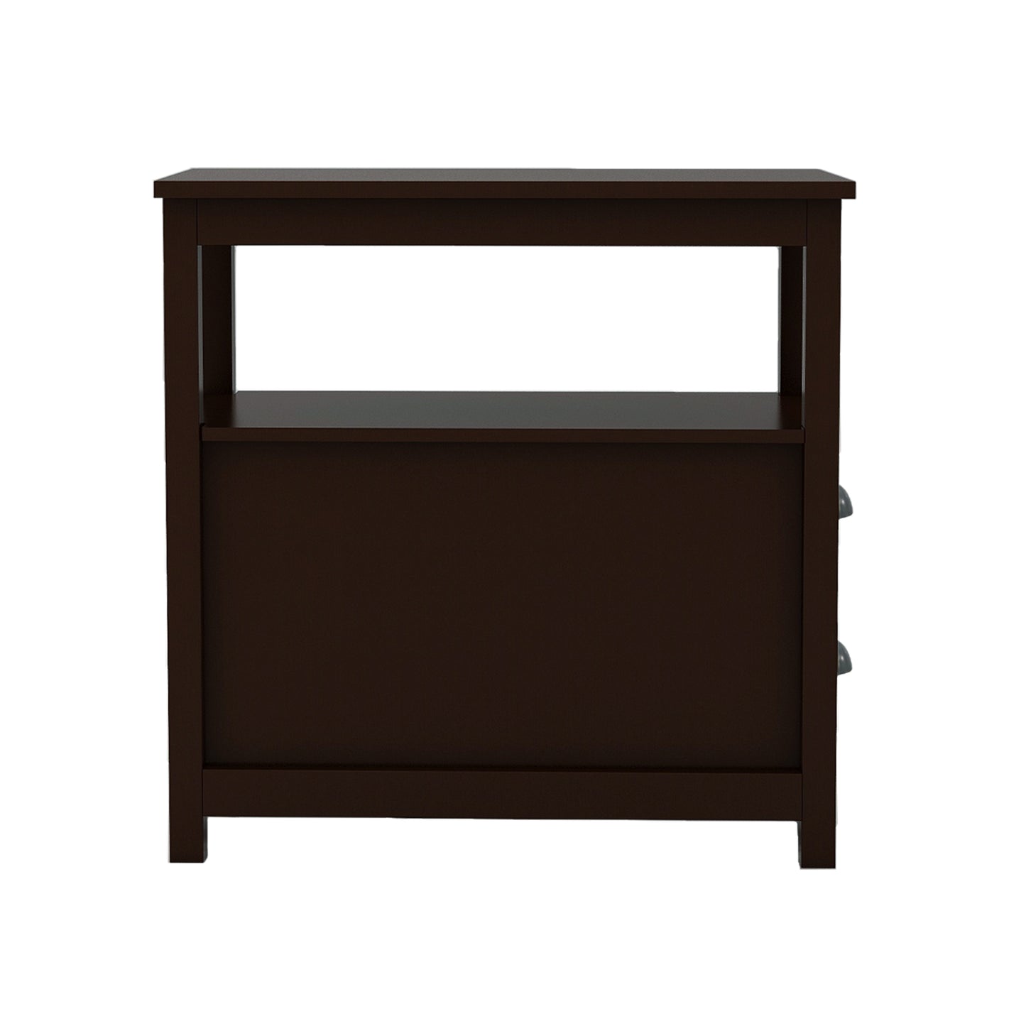 Dark brown wood end table with open shelf and two drawers