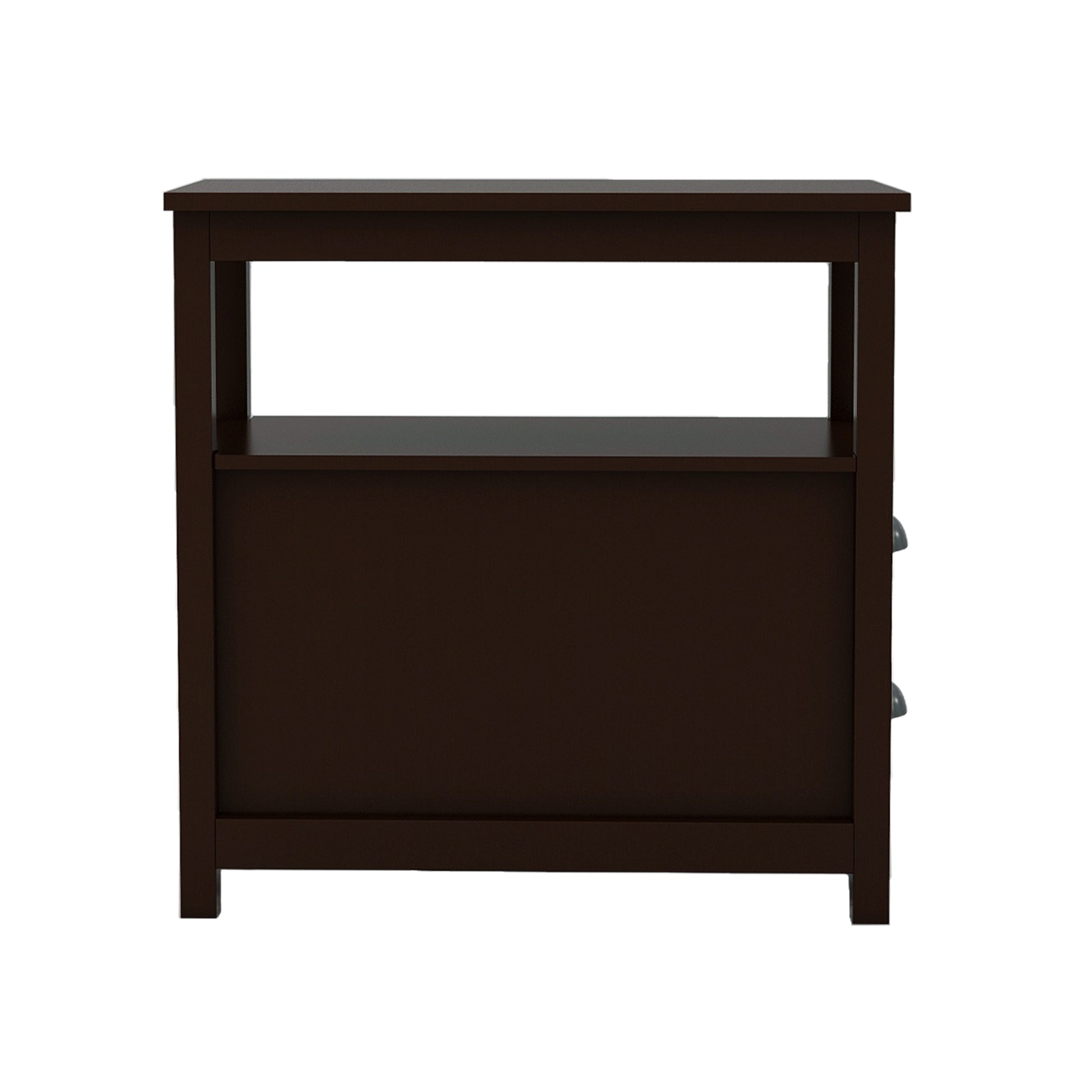 Dark brown wood end table with open shelf and two drawers