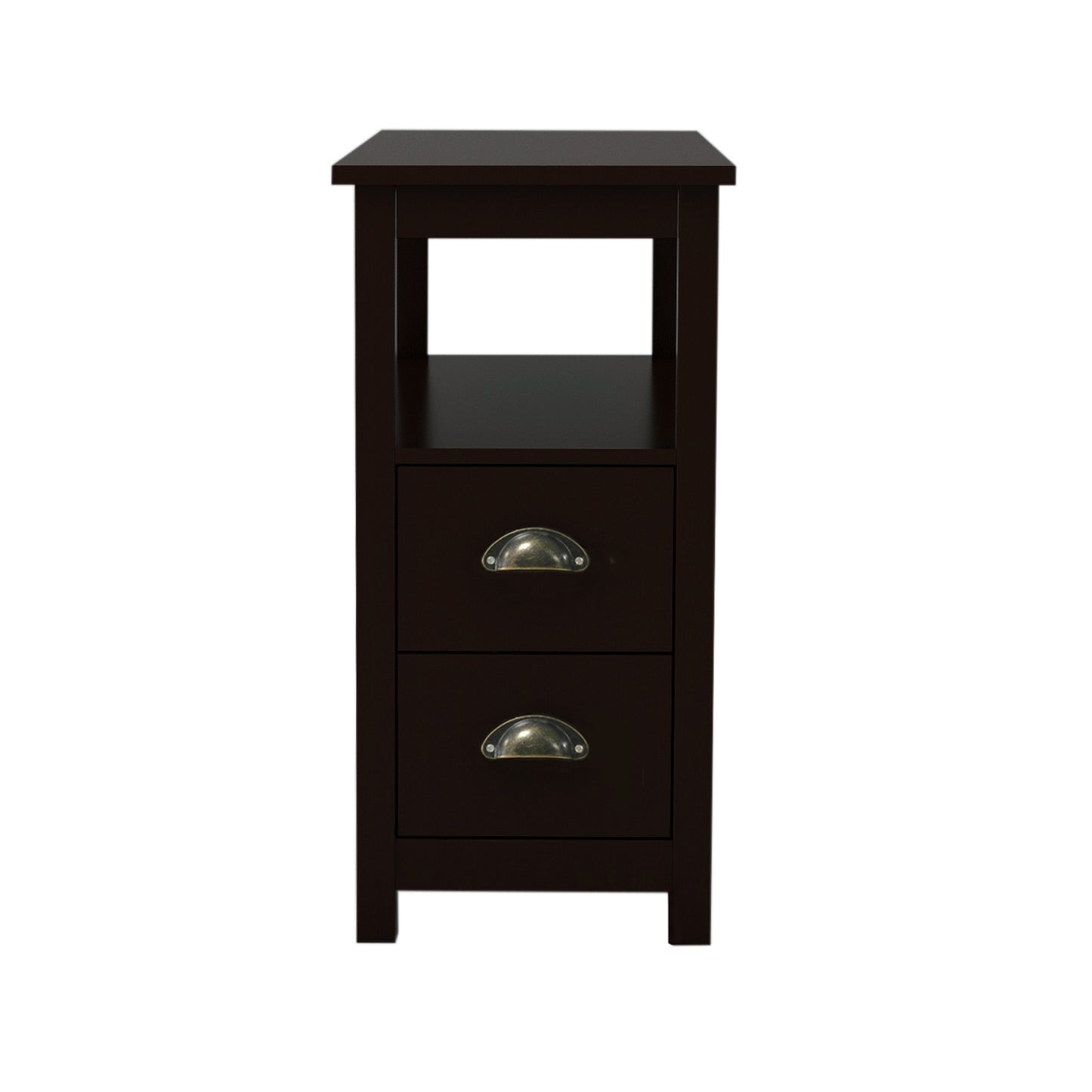 Dark brown wooden bedside table with two drawers and antique brass cup pulls