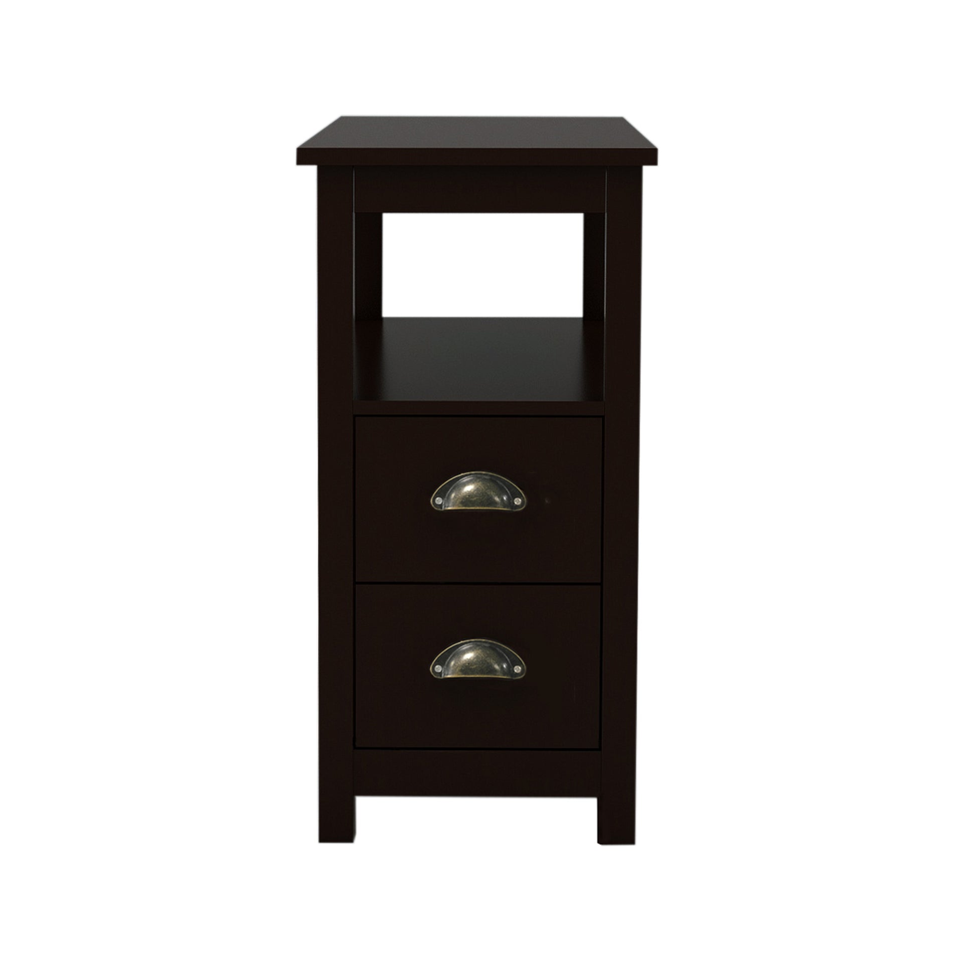 Dark brown wooden bedside table with two drawers and antique brass cup pulls