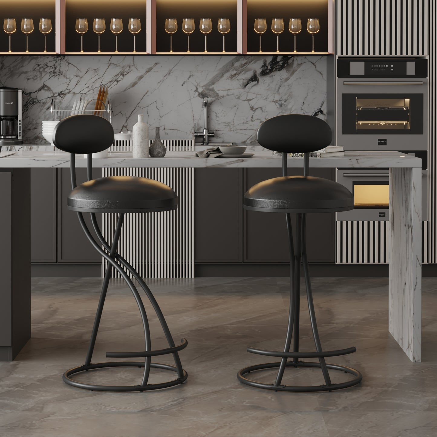Modern black metal bar stool with curved legs and round seat