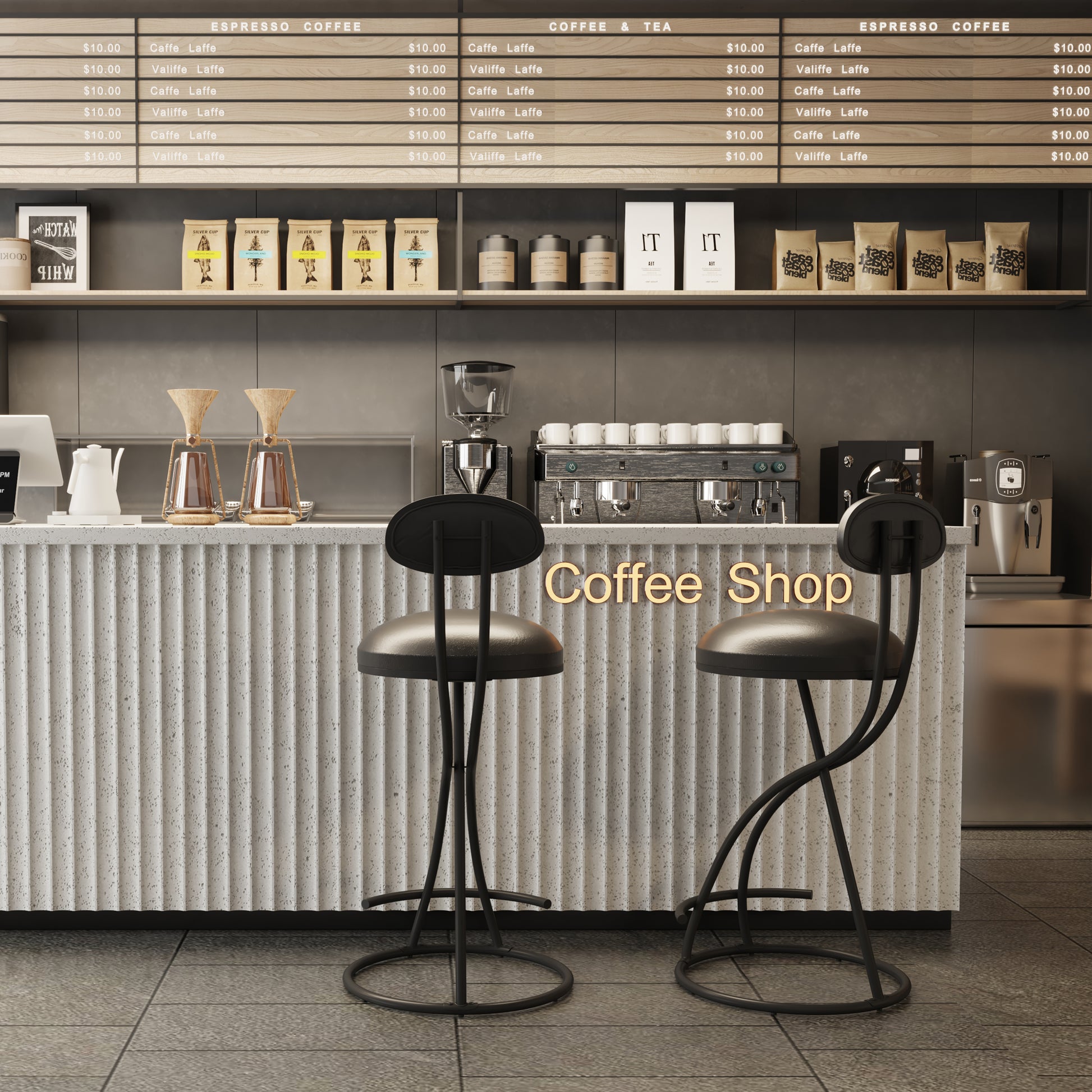 Modern black leather and metal bar stool for coffee shop seating