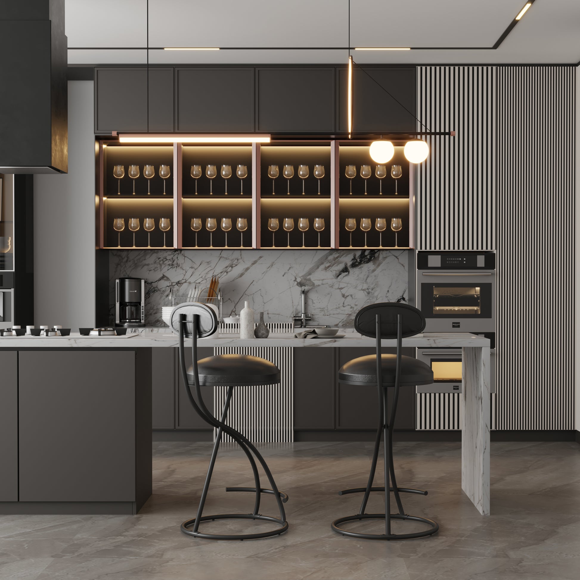 Modern black bar stools with metal frames and leather seats at a kitchen island