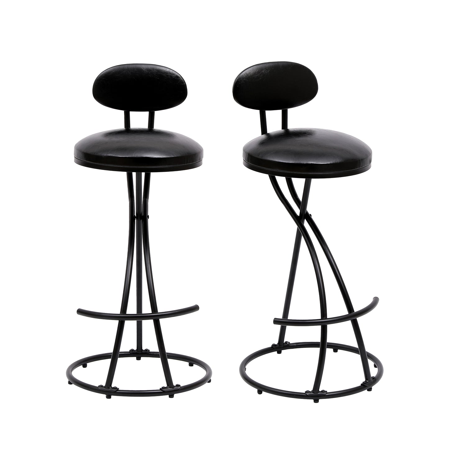 Black leatherette bar stool with circular seat and backrest