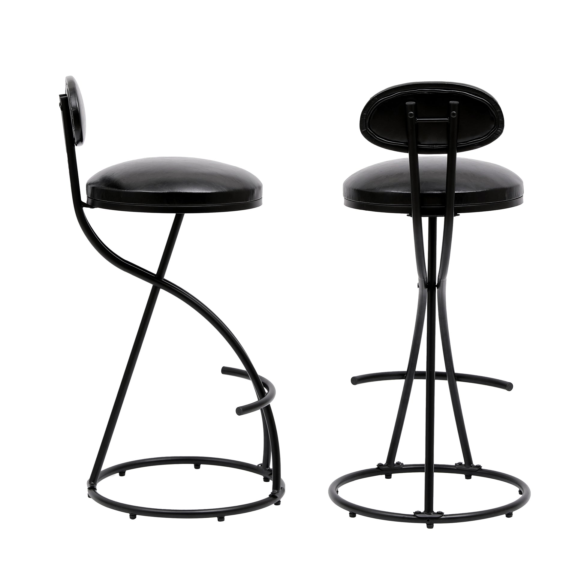 Black leather bar stool with curved metal base