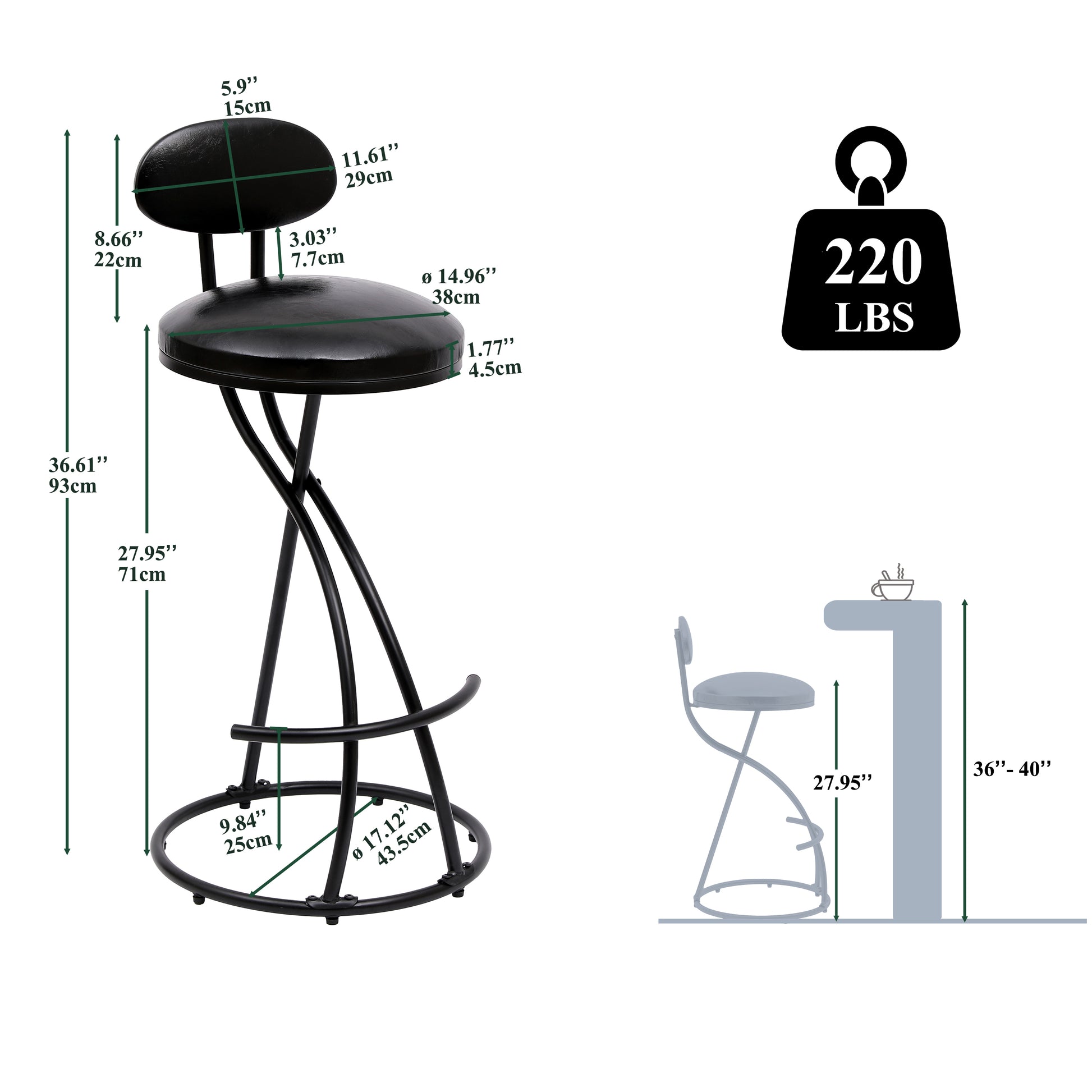 Black leather bar stool with silver metal base and backrest