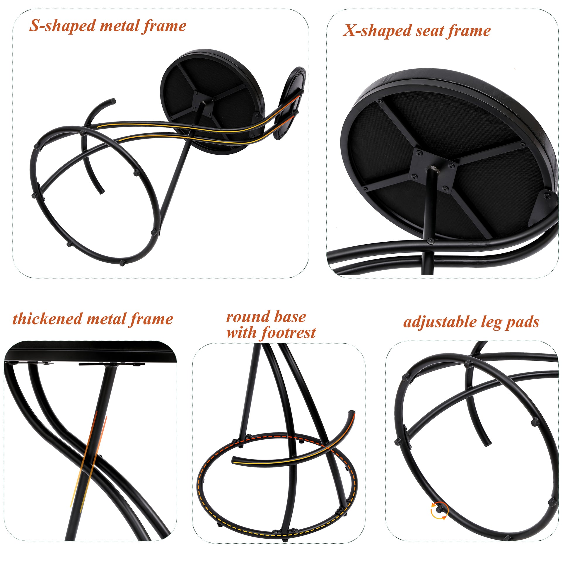 Black bar stool with Sshaped metal frame and padded seat