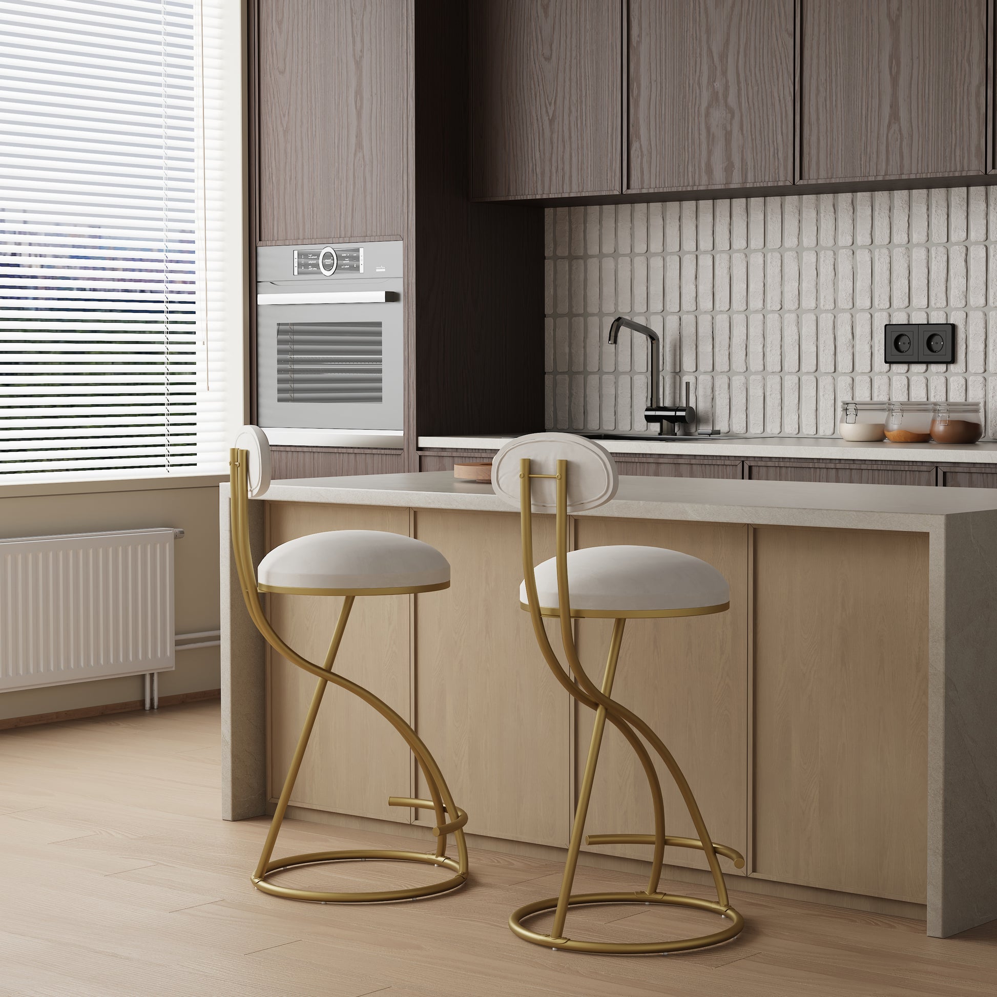 Modern swivel bar stool with plush ivory seat and gold metal frame