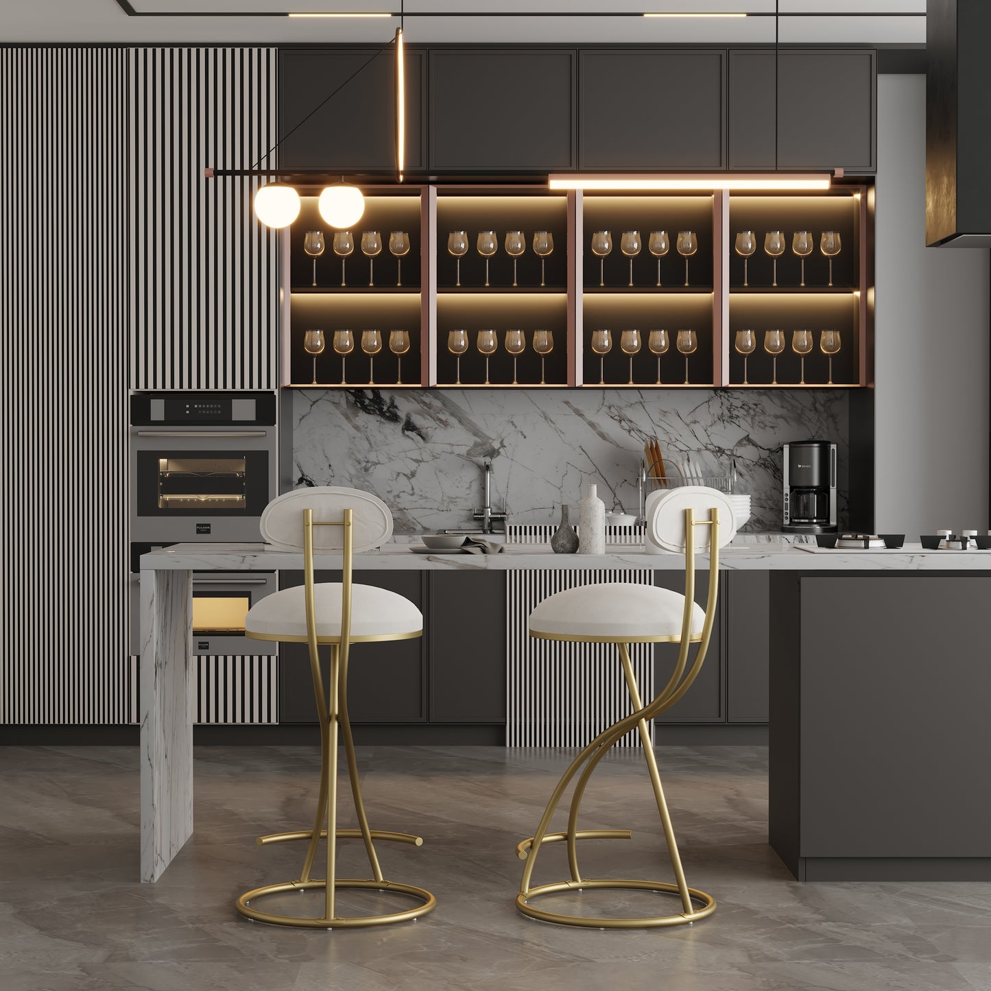 Modern kitchen island with marble countertop and gold bar stools