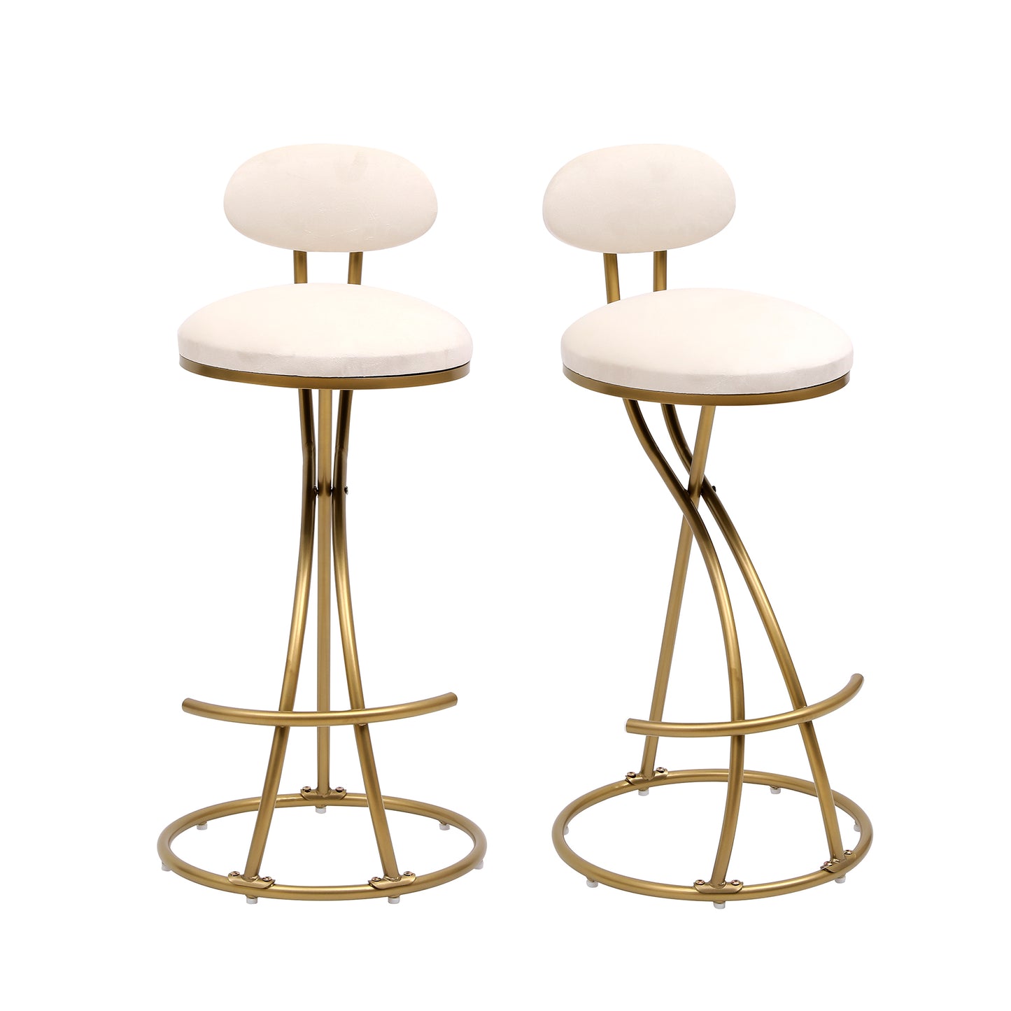 Cream velvet bar stools with gold metal legs and backs