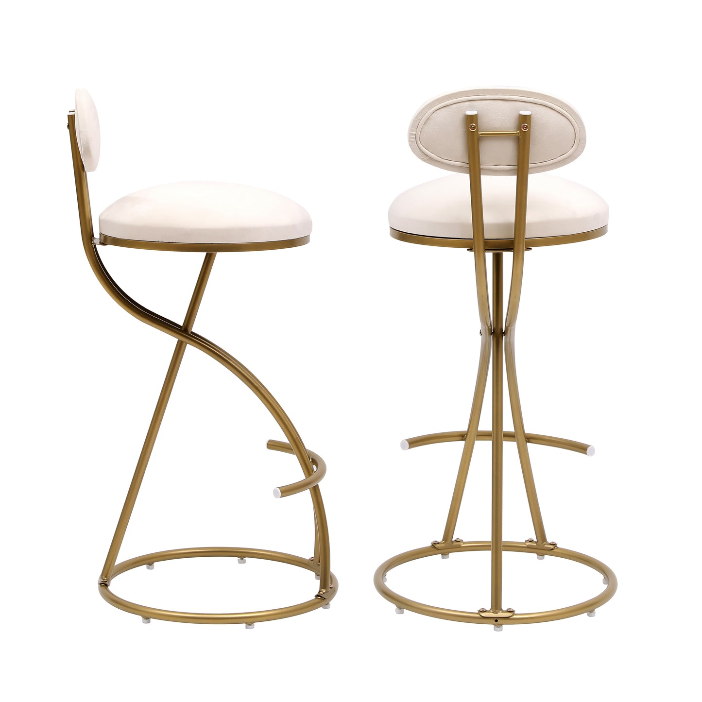 Cream velvet bar stool with gold metal frame and oval back