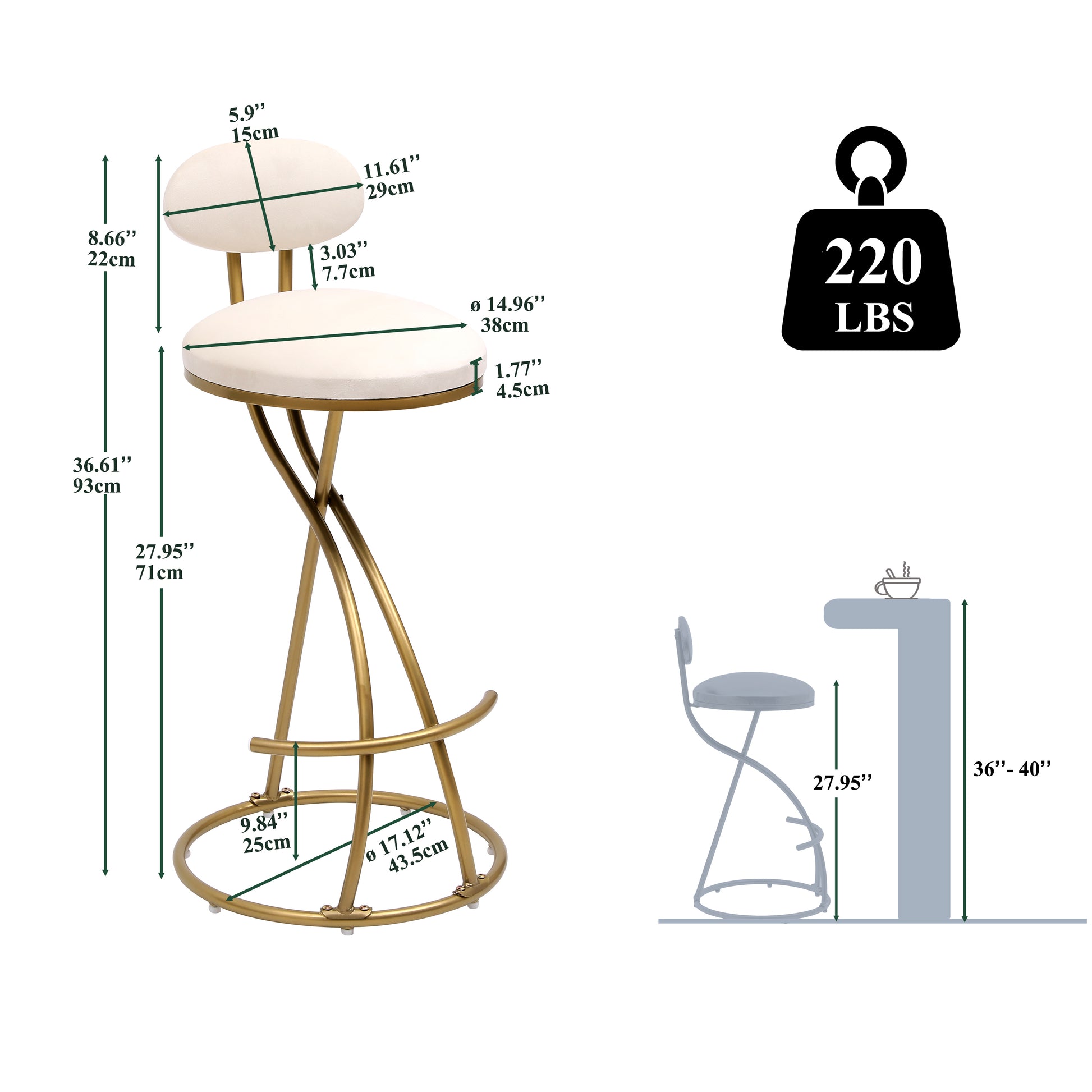 Cream velvet bar stool with gold metal legs and backrest