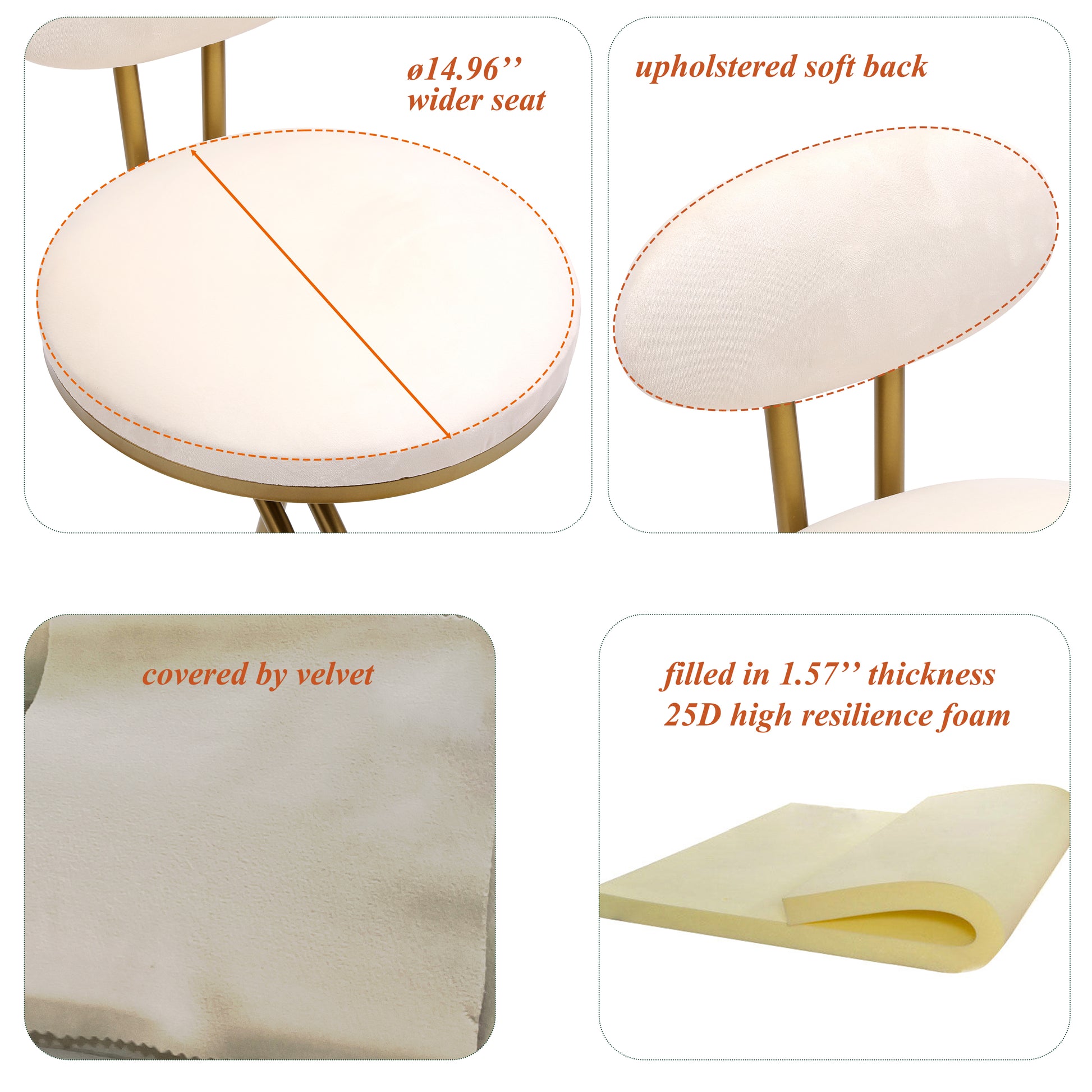 Cream upholstered vanity stool with  inch wider seat