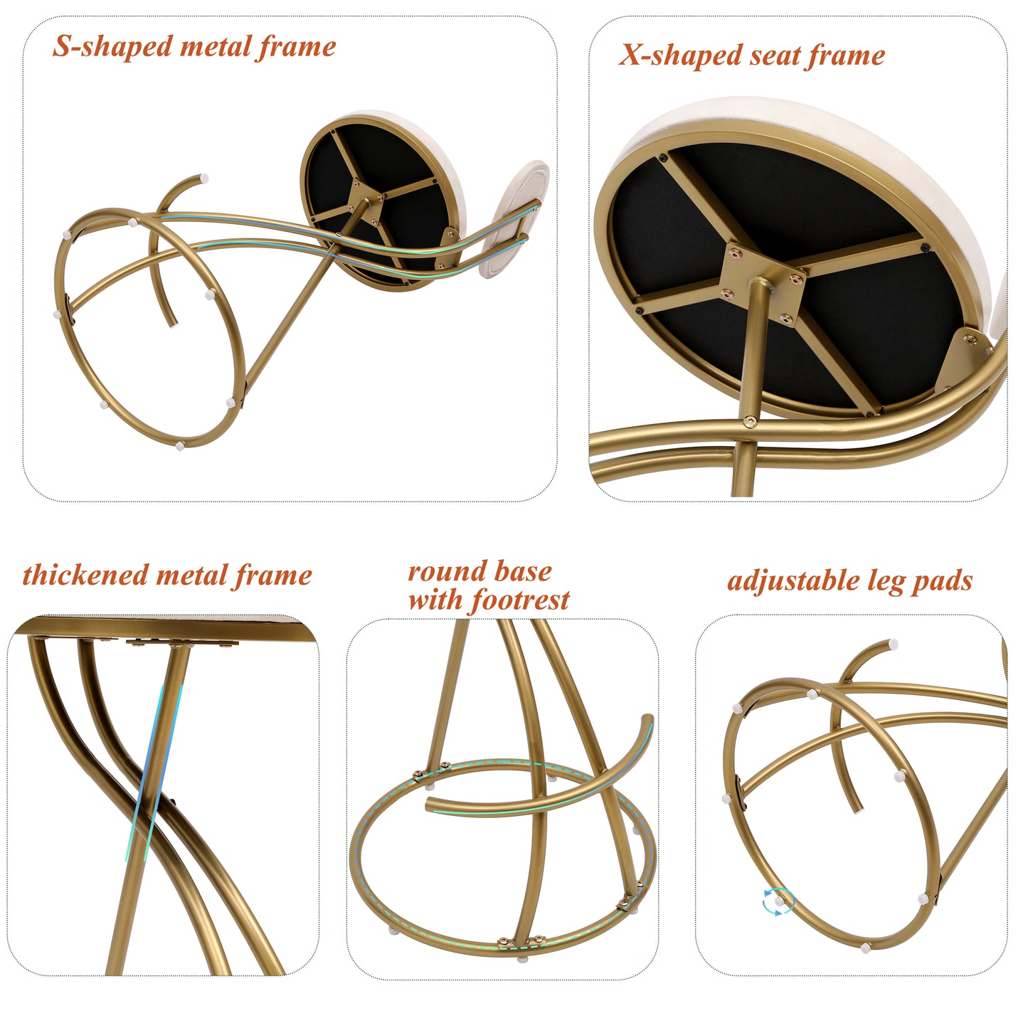 Gold metal bar stool with Sshaped frame and padded seat