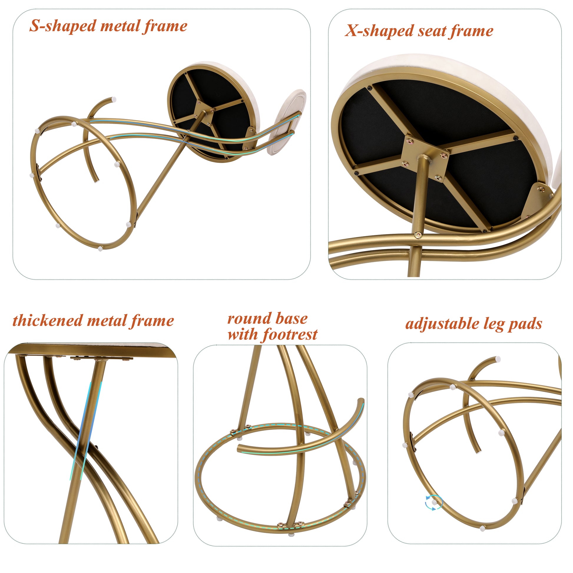 Gold metal bar stool with Sshaped frame and padded seat