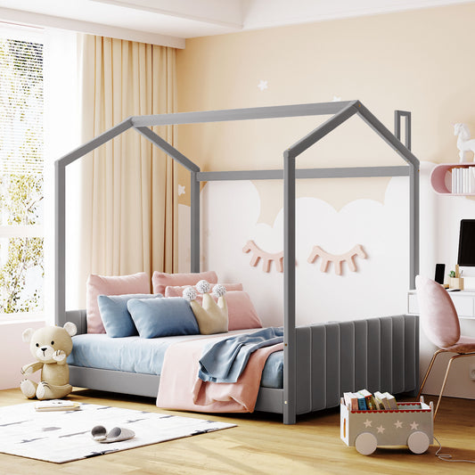 Gray wooden house bed frame with soft bedding and playful cloud wall art