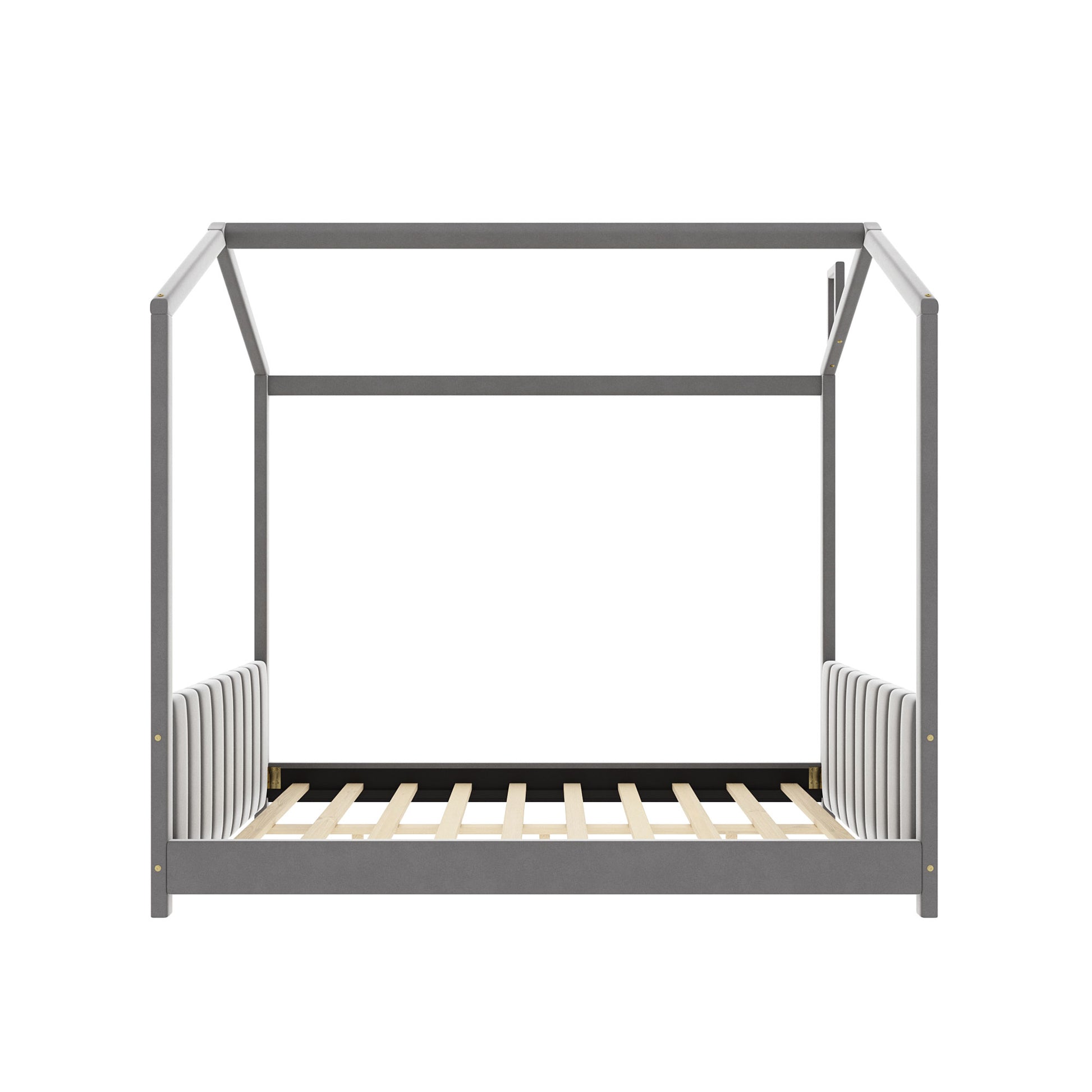 Gray house bed frame with upholstered headboard and wooden slats