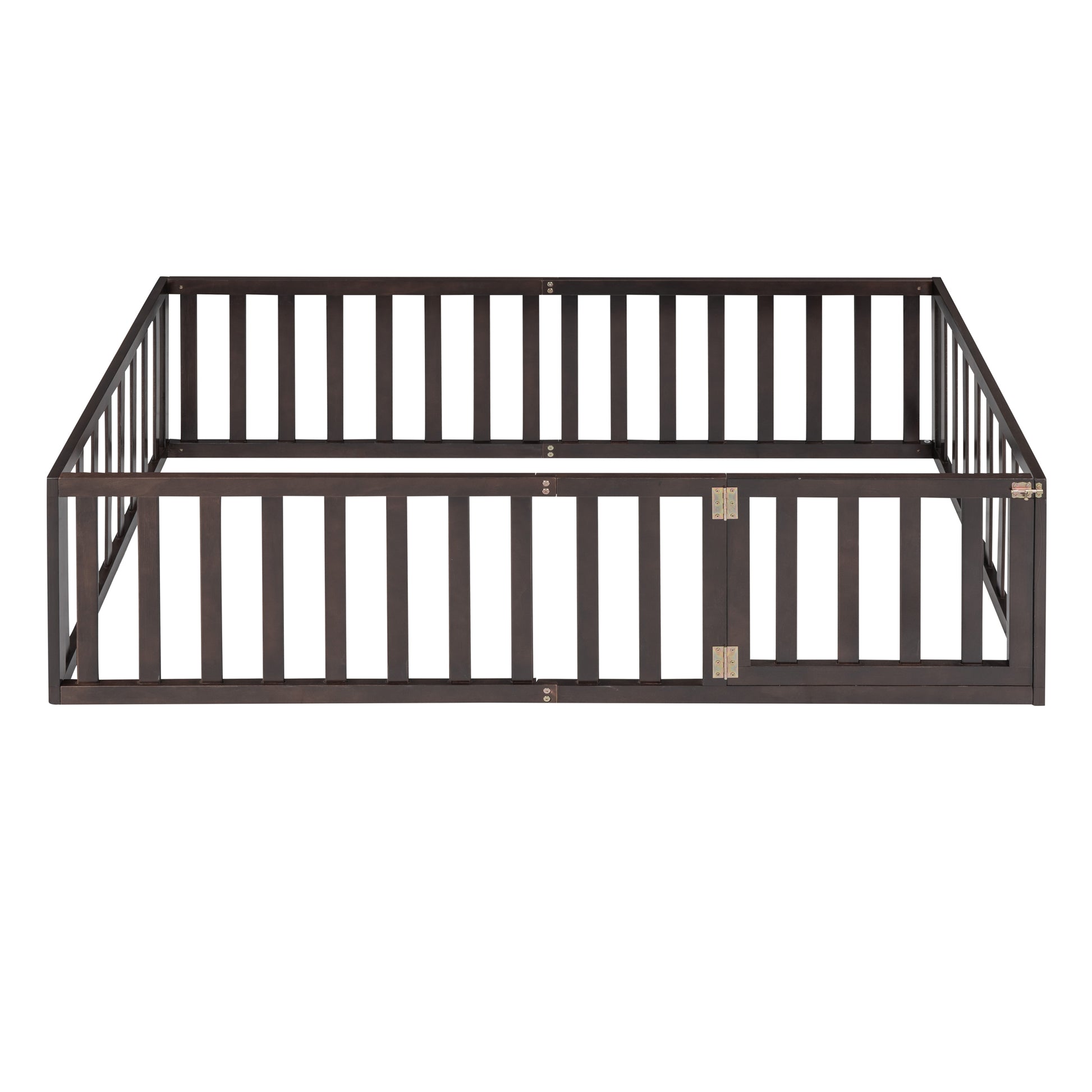 Dark brown wooden playpen with hinged panels and gate