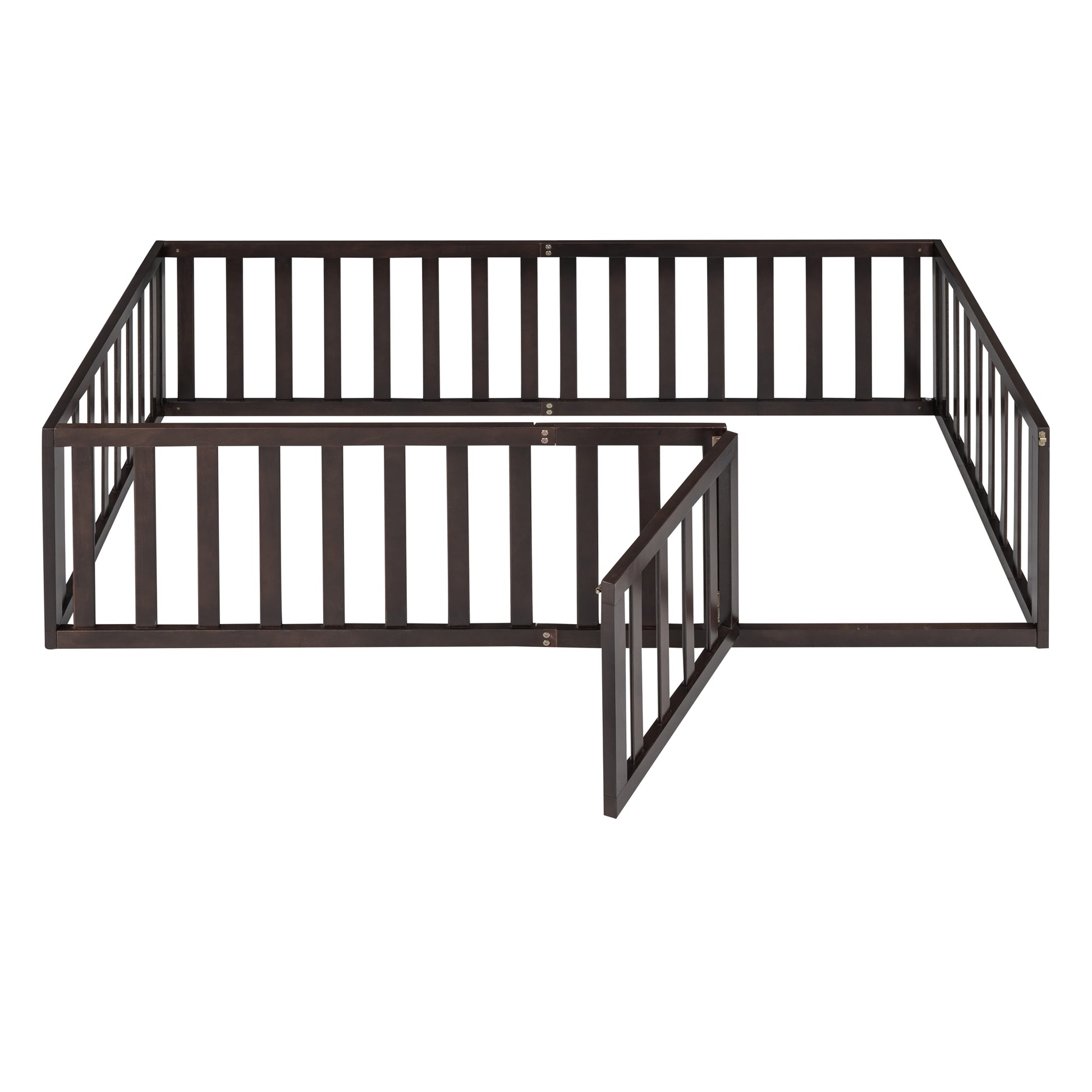 Dark brown wooden baby playpen with open gate