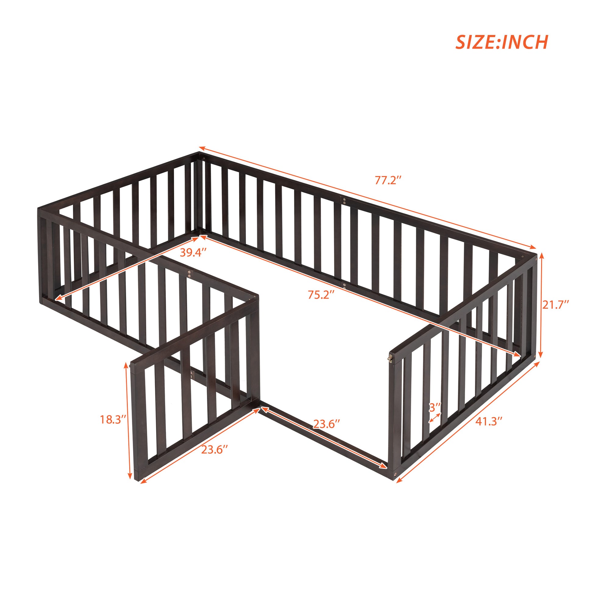 Dark brown wooden pet playpen with tall vertical slats and labeled dimensions
