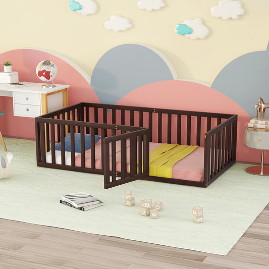 Dark wood toddler bed with gate
