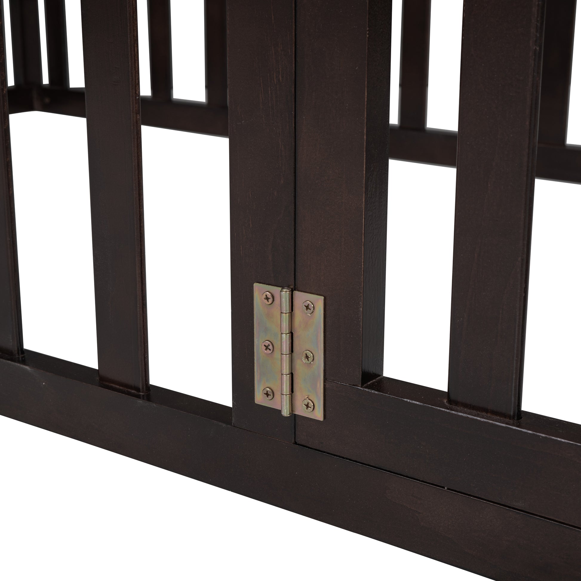 Dark brown wooden dog gate panel with metal hinge